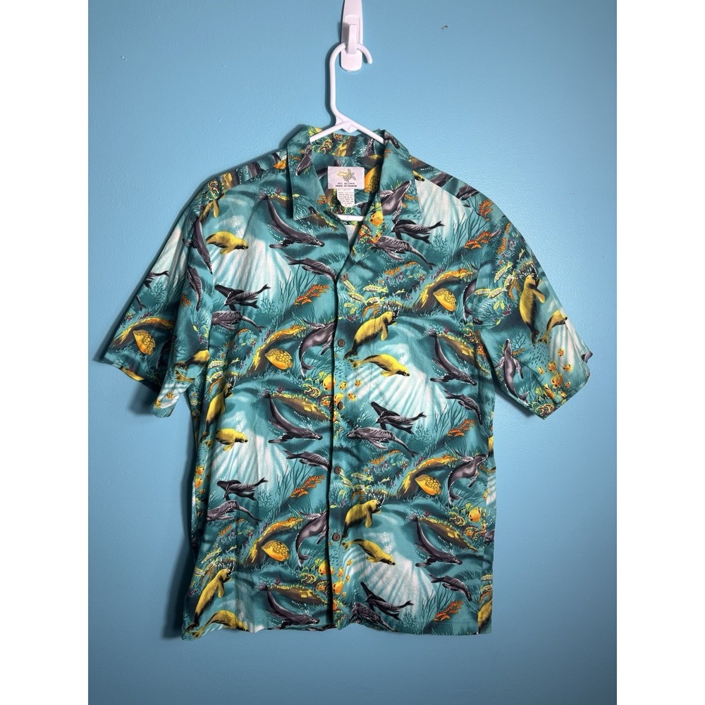 Ho Aloha Hawaiian Shirt Men's M Made In Hawaii, USA Fish Ocean Beach Turquoise